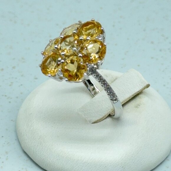 Citrine Cluster Flower Sterling Silver Ring 4.61ct Prong Set White Zircon Accent - Picture 8 of 10